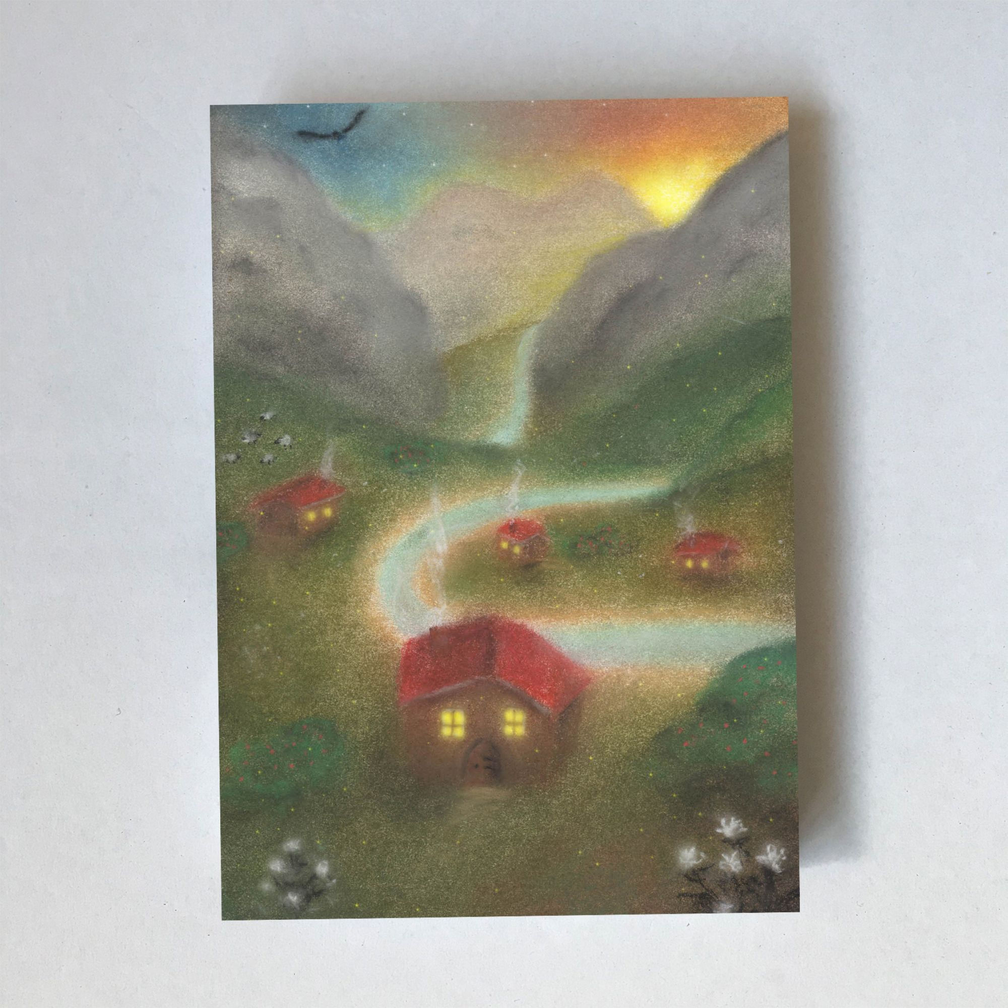 Lot Bouwes Postcard featuring a scene of a mountain valley with a glowing blue stream winding past small red-roofed houses un
