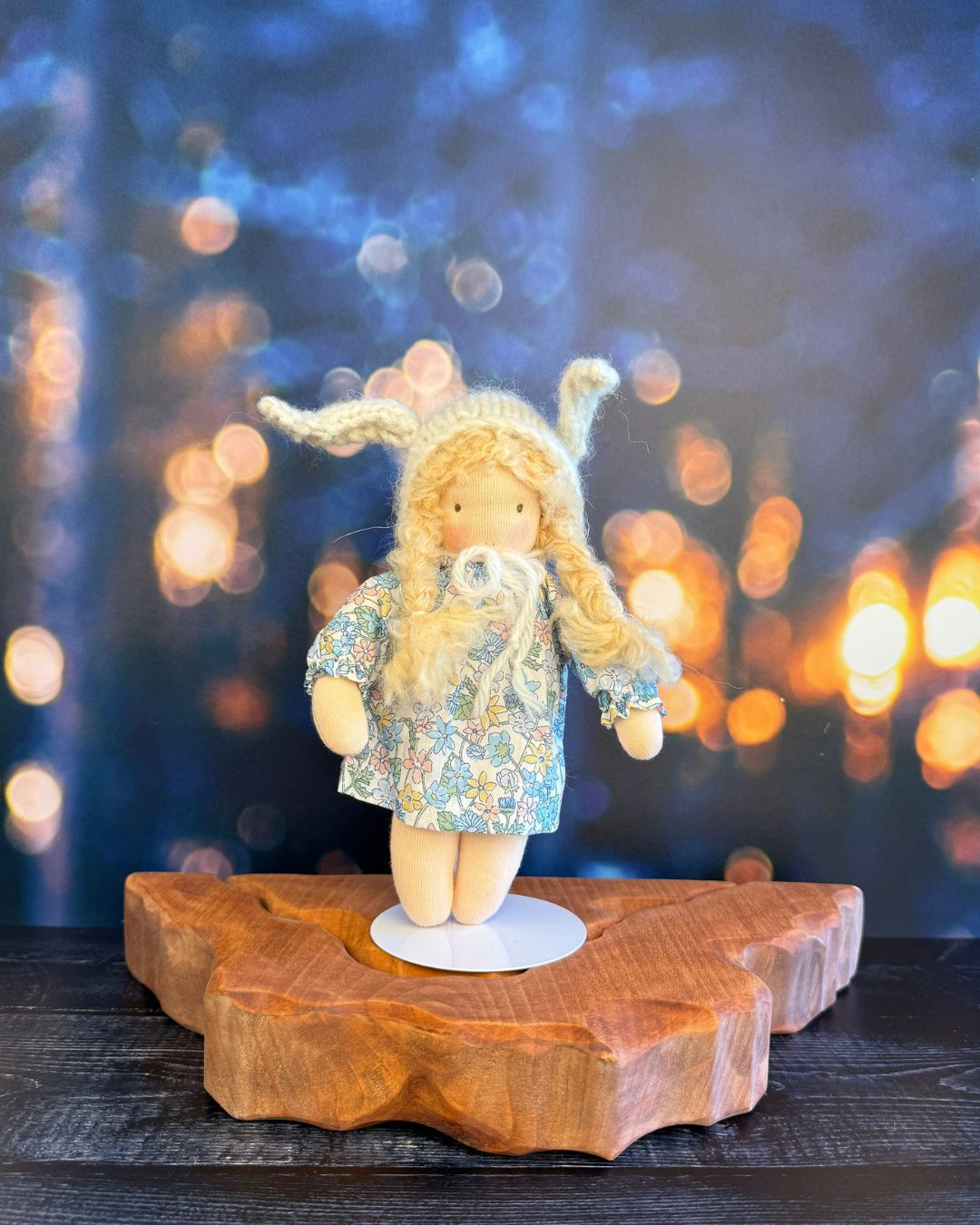 Poems for Buttercup Mini Bunny Girl, Blonde - Waldorf Doll with Liberty Carmella Daisy Dress