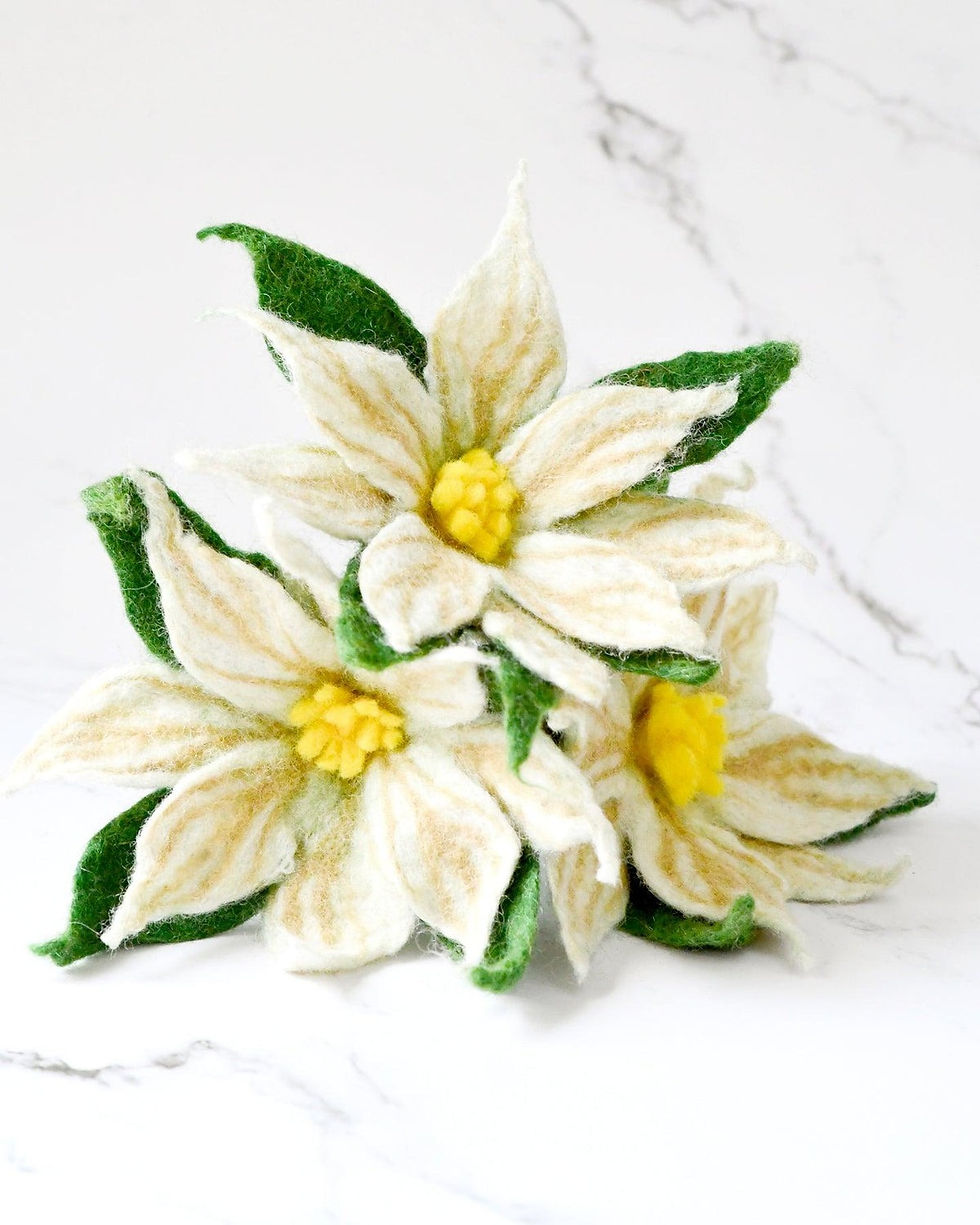 Thumbnail: Tara Treasures Handmade Felt White Poinsettia Flowers (Set of 3 Stems)