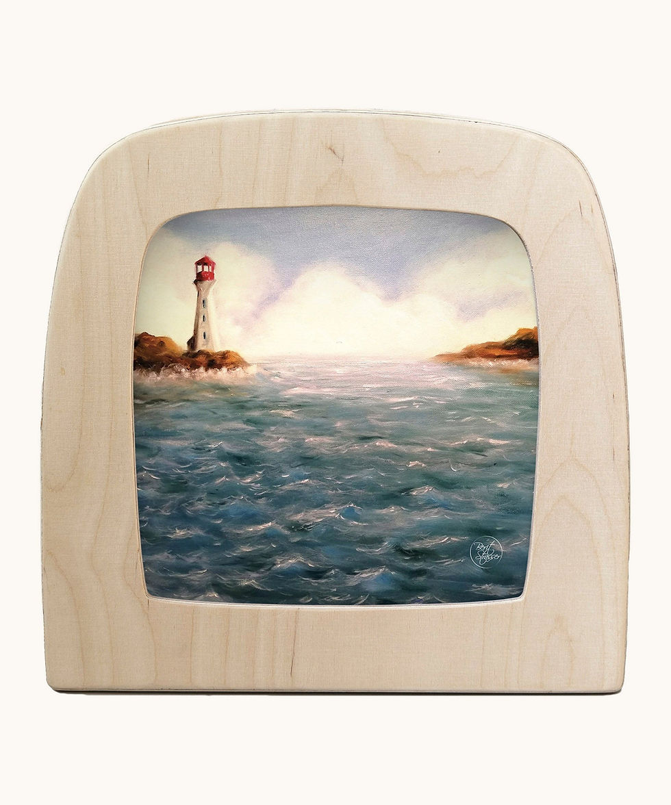 Toverlux silhouette by Berit Strasser, featuring a red-topped lighthouse on a rocky coast with textured blue waves.
