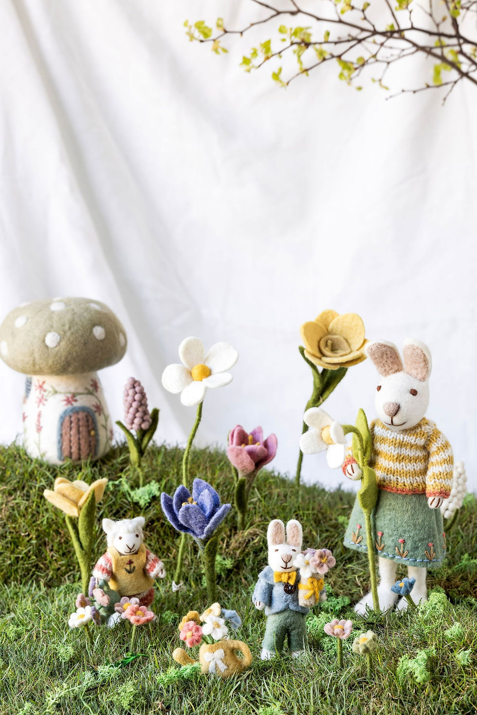 Large spring felt mushroom house with embroidered floral details by Gry & Sif for Waldorf small world play.