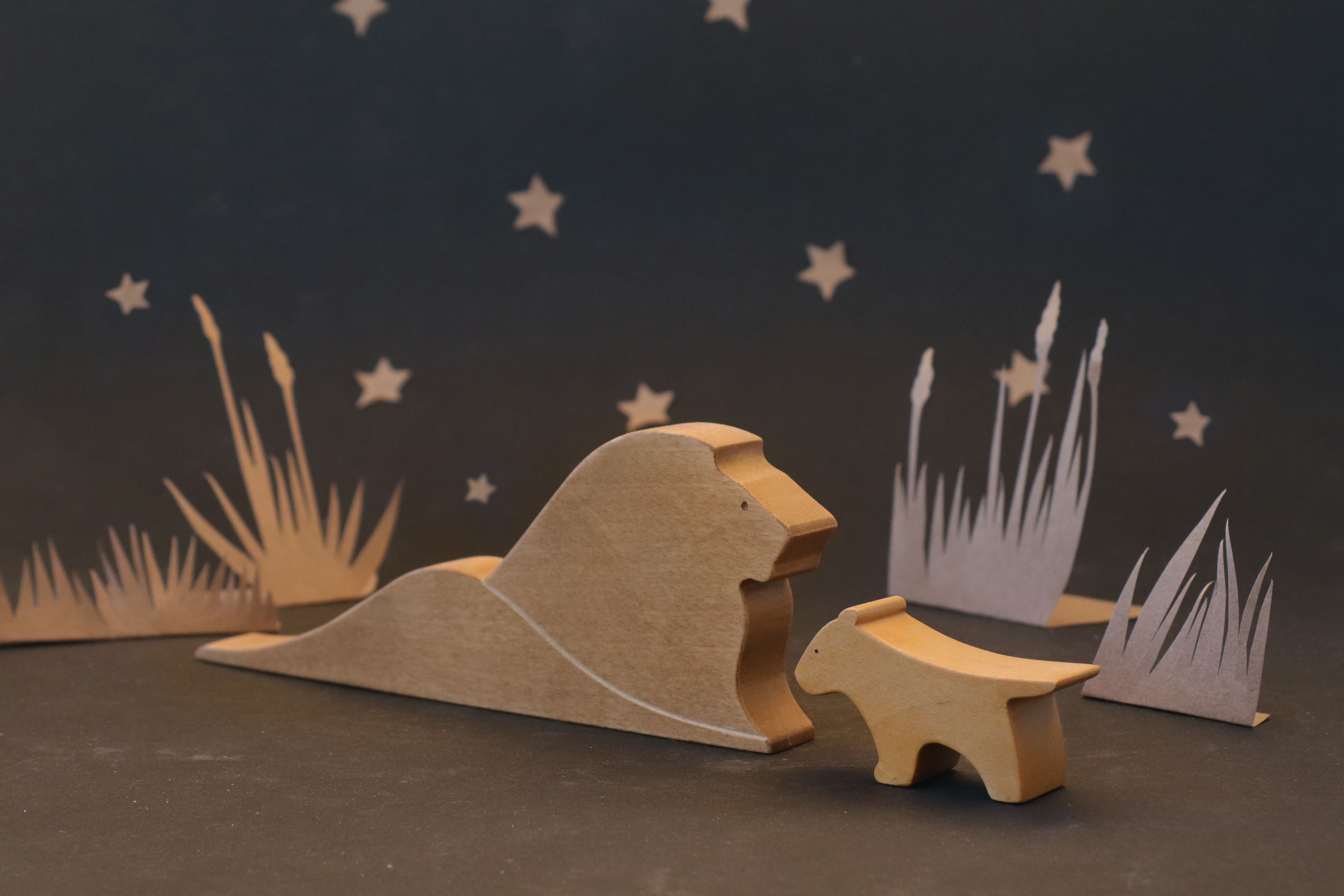 Handmade Wooden Lion Figurine Toy Set