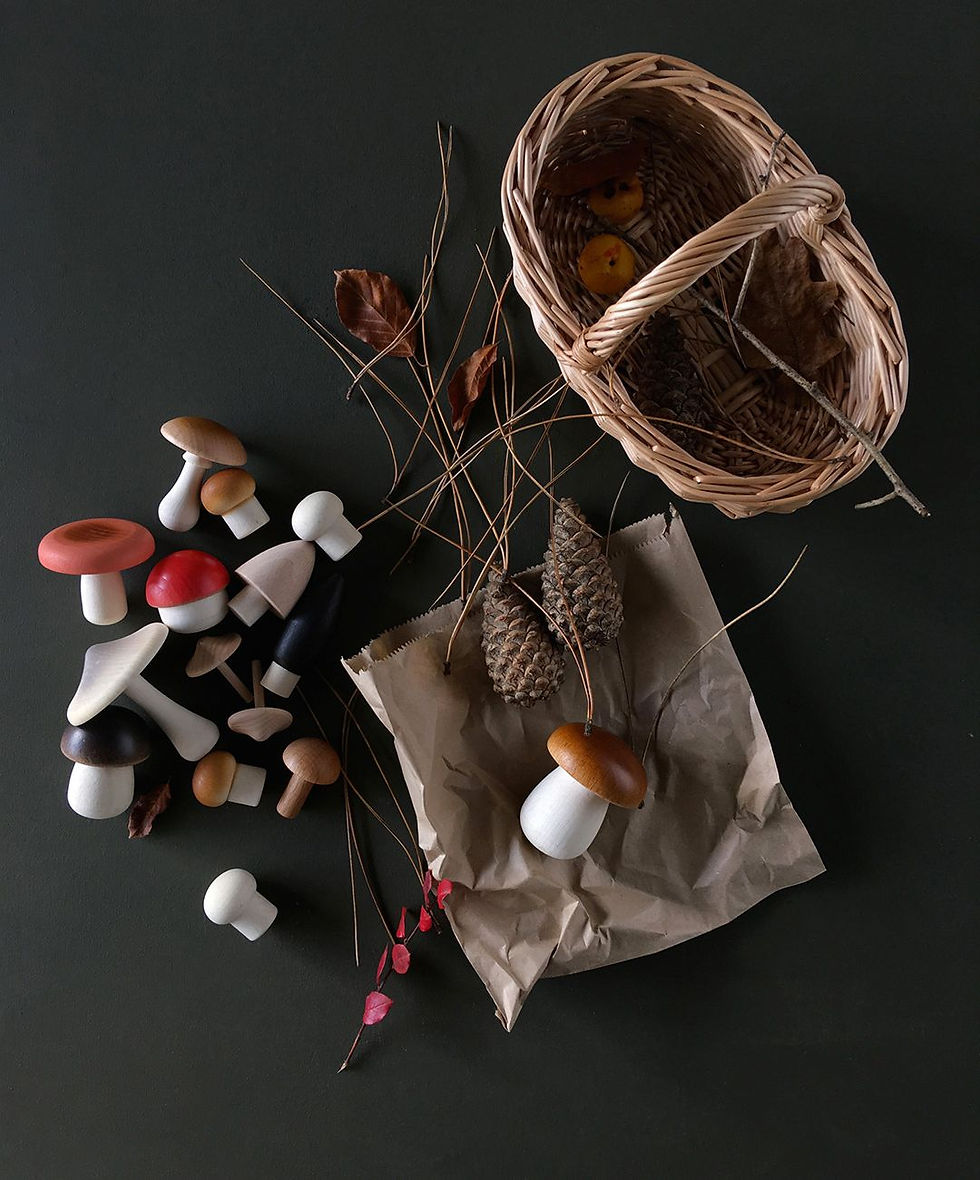 Thumbnail: wooden mushrooms in and next to a basket