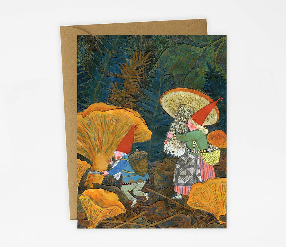 Phoebe Wahl Harvest greeting card showing gnomes gathering large golden mushrooms in a forest.