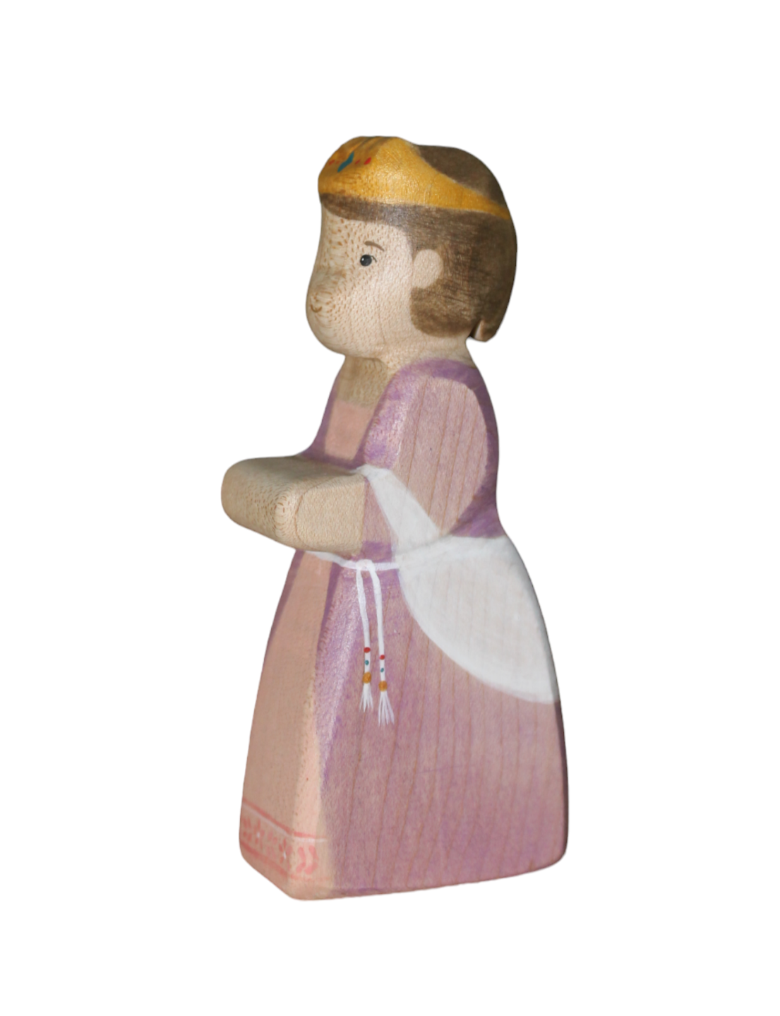 Side view of handcrafted Batang Kahoy Princess Amethyst in purple gown with gold tiara. Maple wood