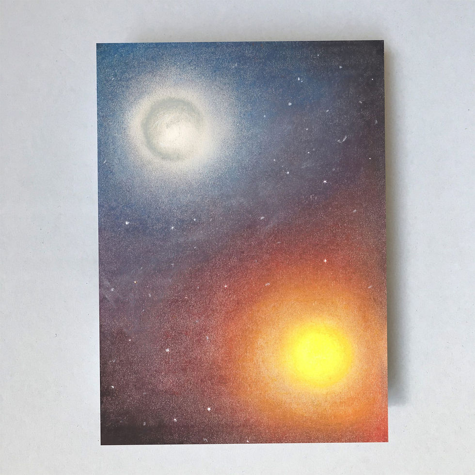 Lot Bouwes Postcard featuring a scene of a glowing white moon and a bright yellow sun in a deep purple and blue starry sky.