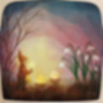 Toverlux Magic Lamp Silhouette – Kindling Spring by Vogel Geluk showing a gnome lighting lanterns beside blooming snowdrops.