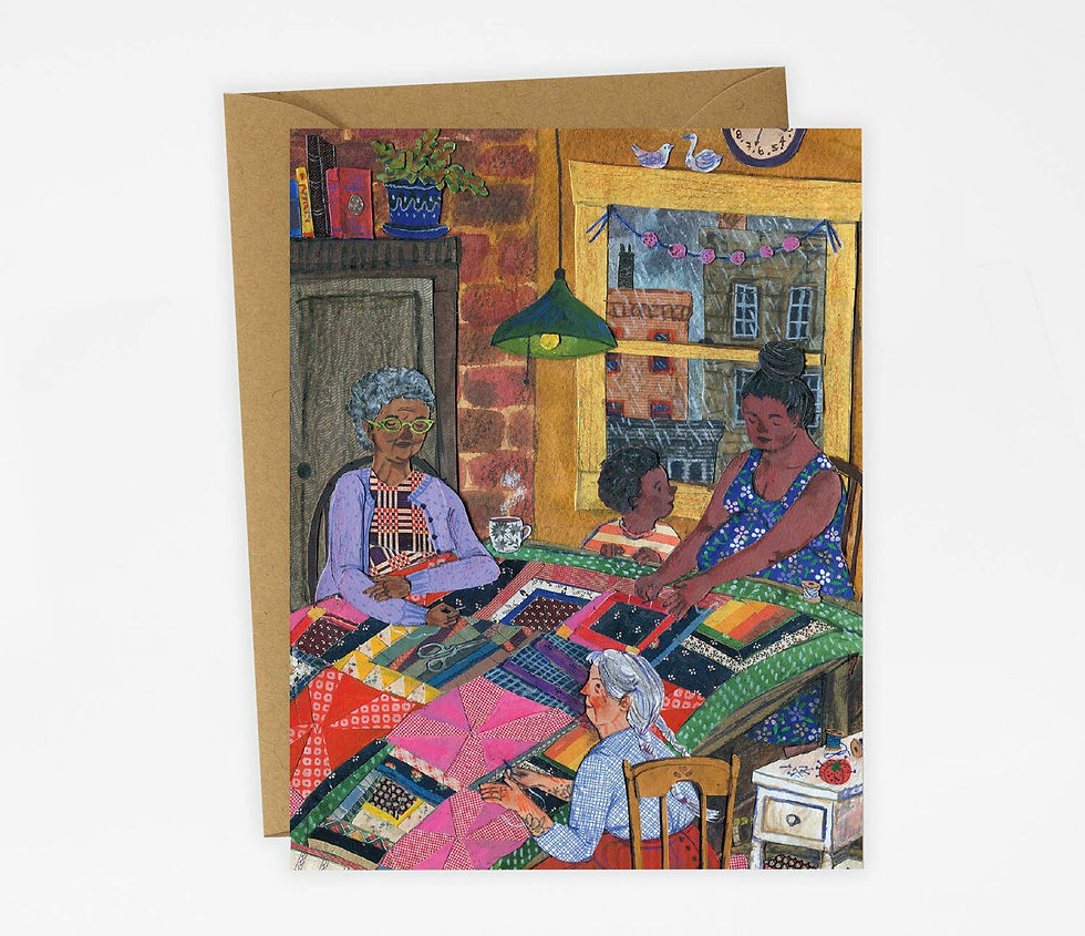 Quilting greeting card by Phoebe Wahl featuring multigenerational women sewing a colorful patchwork quilt