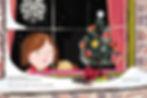 Interior spread from The Snowflake by Benji Davies showing girl looking at decorated Christmas tree through window