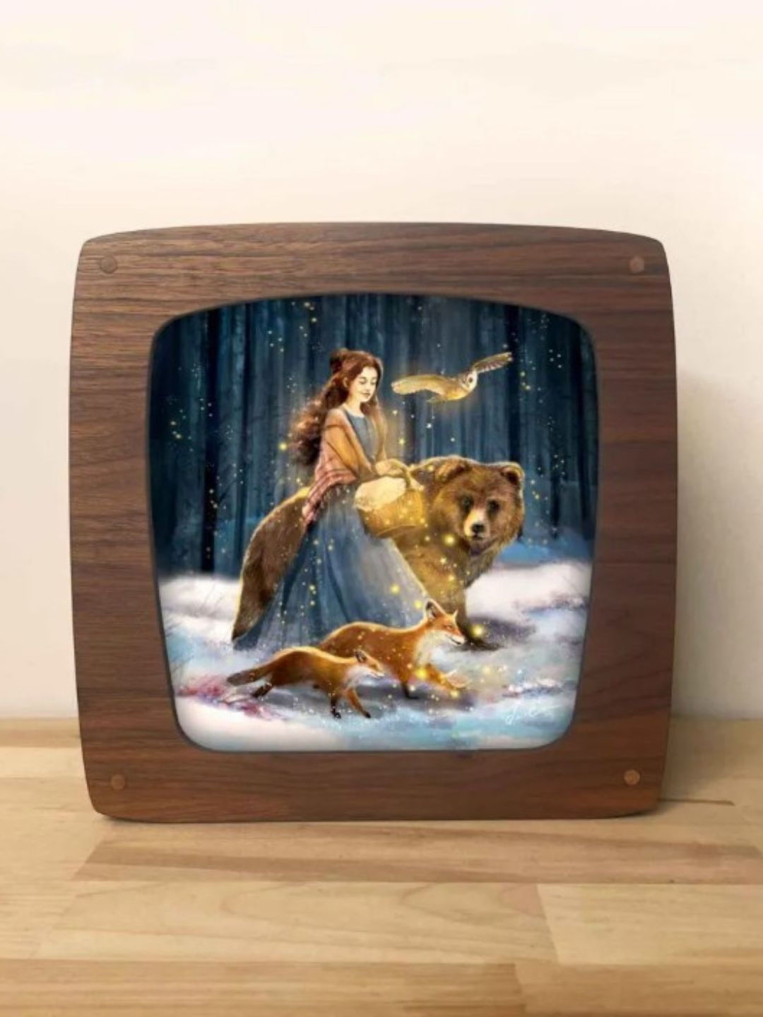 Translucent winter forest art panel by Iris Esther in a dark wood Magic Lamp frame.