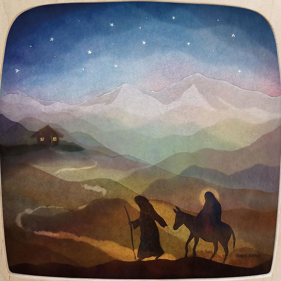 Toverlux Magic Lamp Silhouette – Pilgrimage by Vogel Geluk showing two travelers beneath a starry night sky.
