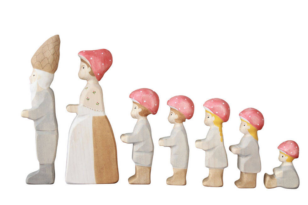 A 7-piece handcrafted wooden figurine family set called Children of the Forest by Batang Kahoy