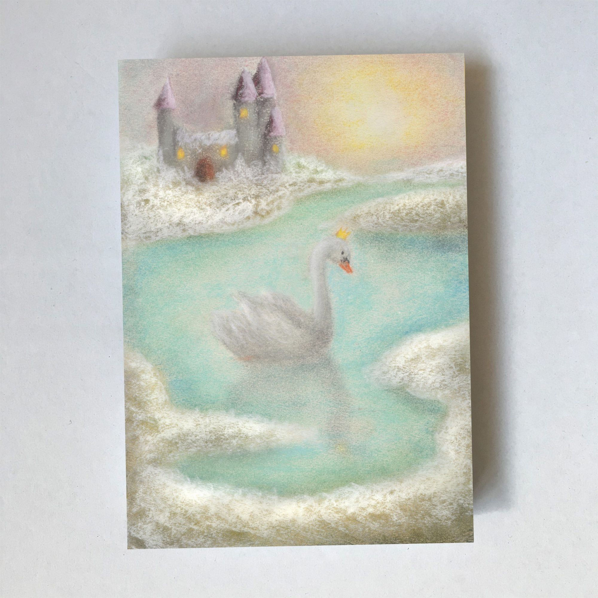 An A6 postcard by Lot Bouwes, featuring a hand-illustrated pastel swan with a crown in a pond near a castle.