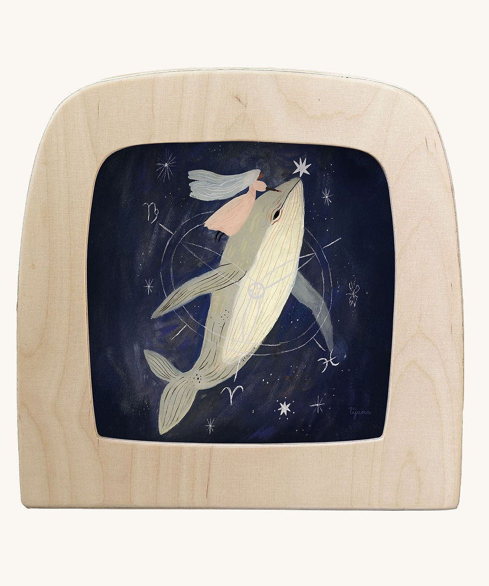 Toverlux silhouette by Tijana Draws featuring a girl riding a giant whale through a dark starry sky with zodiac symbols.