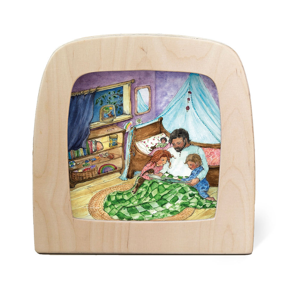 Toverlux Magic Lamp Silhouette – Story Time by Eentje van Margo, a cozy bedtime scene with a parent reading to two children.