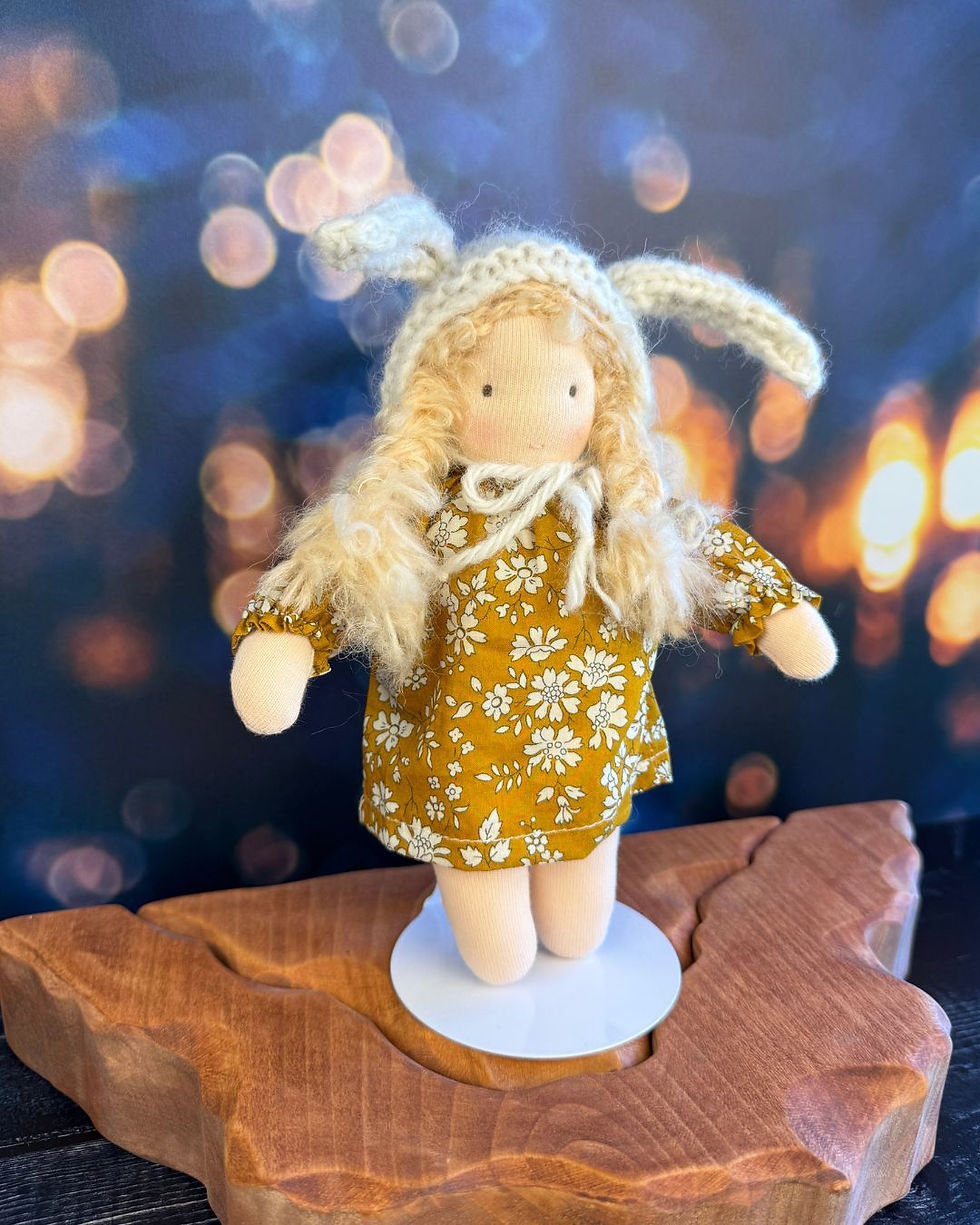 Thumbnail: Poems for Buttercup Mustard Liberty Mini Bunny Girl, Blonde - Waldorf Doll