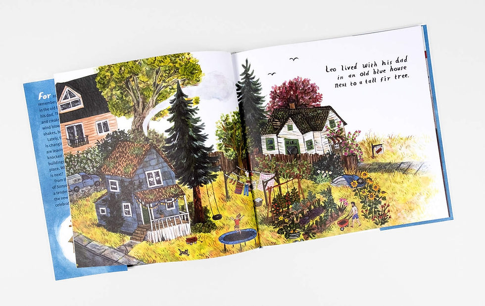 Thumbnail: Illustrated neighborhood view from The Blue House by Phoebe Wahl featuring the old blue house beside a tall fir tree