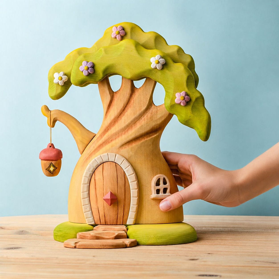 Adult hand placing the wooden Bumbu Toys treehouse to show its 29cm height and scale.