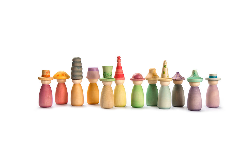 Thumbnail: Grapat Fancy Nins Twelwe Rainbow Wooden Peg Dolls with Hats