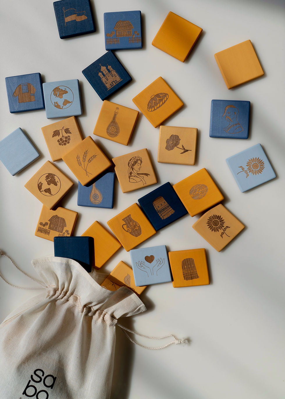 Thumbnail: SABO concept Wooden Memory Game "Ukrainian symbols"- Ukranian Flag Color