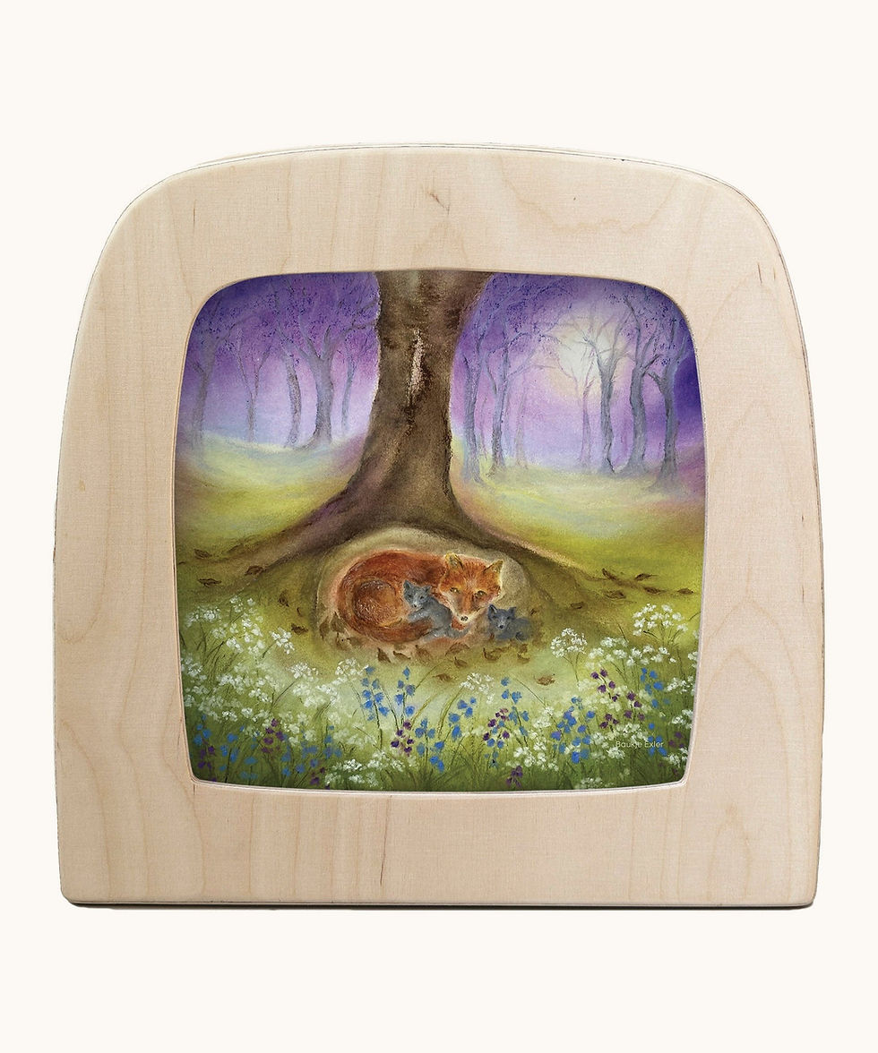 Toverlux silhouette "Little Fox Family" by Baukje Exler, showing a fox and cubs sleeping under a tree in a purple forest.