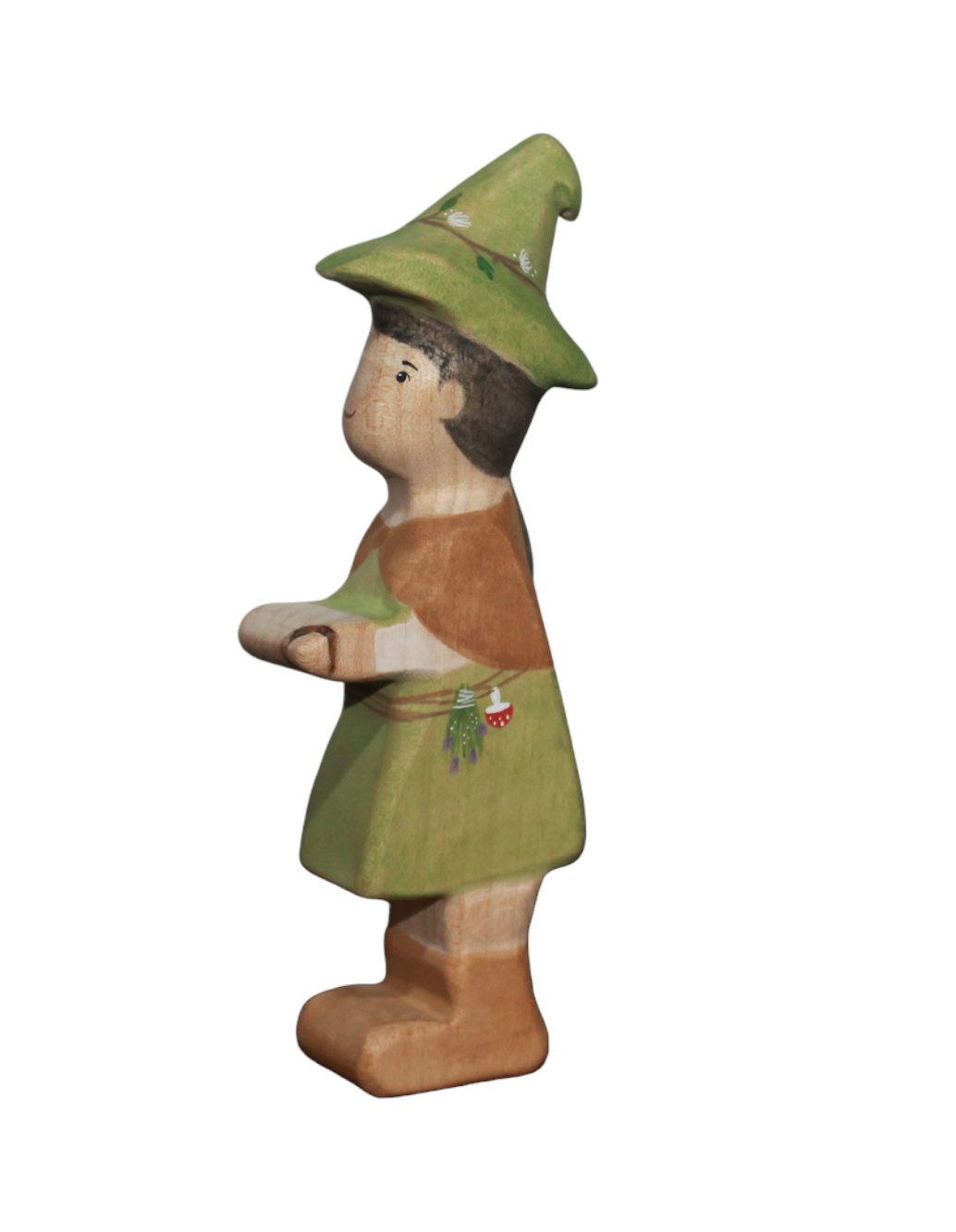 Shop the Batang Kahoy Wooden Little Woodland Witch figure with herbal belt details for Waldorf forest play.