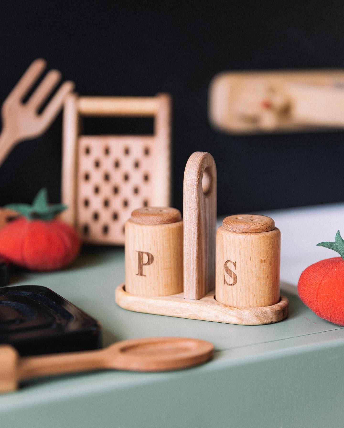 Handmade Wooden Pretend Play Salt and Pepper Shaker Set by Poltora Stolyara
