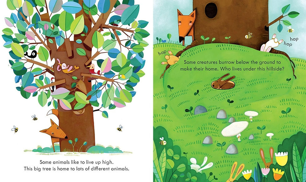 Lift-the-flap spread from Peek Inside Animal Homes showing animals living in a tree and rabbits burrowing underground