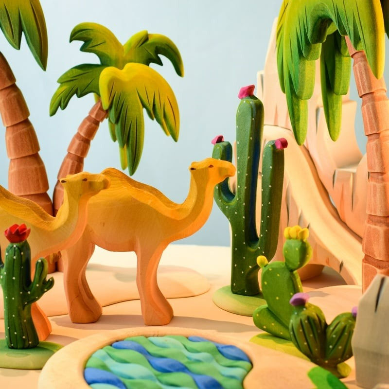 Thumbnail: Wooden prickly pear cactus with wooden camels and desert landscape by Bumbu Toys