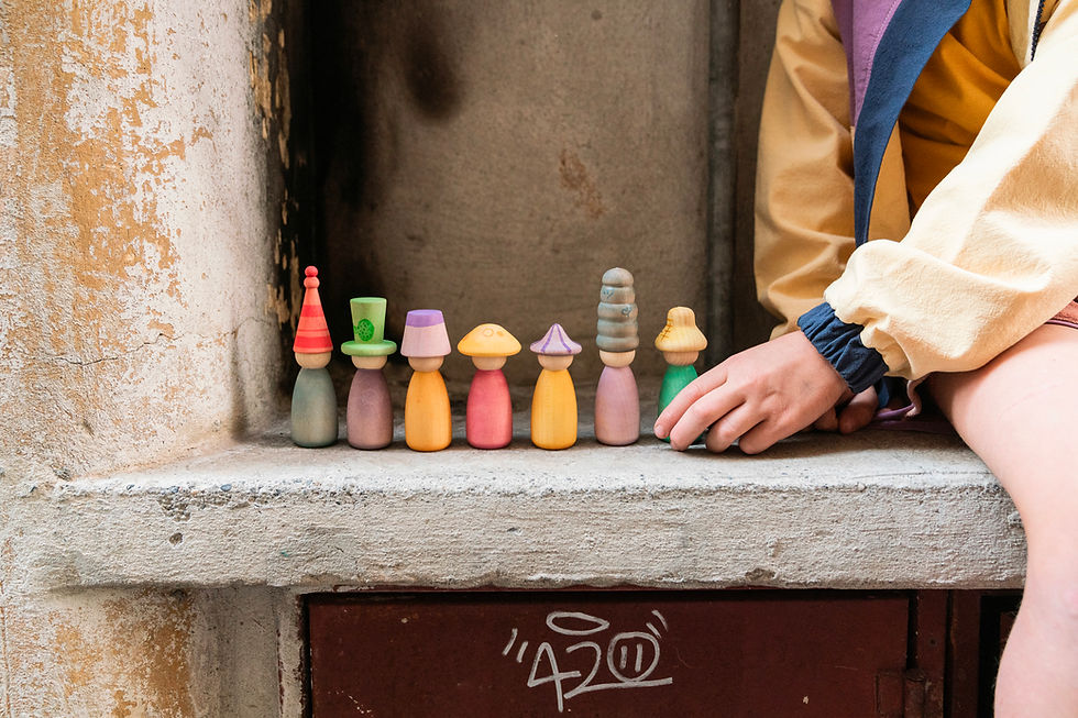 Thumbnail: Grapat Fancy Nins Twelwe Rainbow Wooden Peg Dolls with Hats