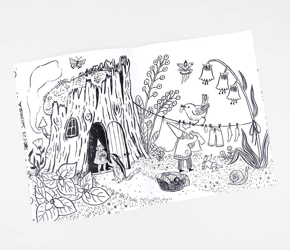 Thumbnail: Woodland tree house and fairy home illustration from Fairyland Coloring Book by Phoebe Wahl