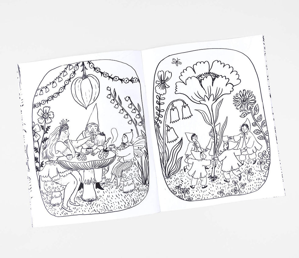 Thumbnail: Fairy tea party and spring flower coloring pages from Fairyland Coloring Book by Phoebe Wahl