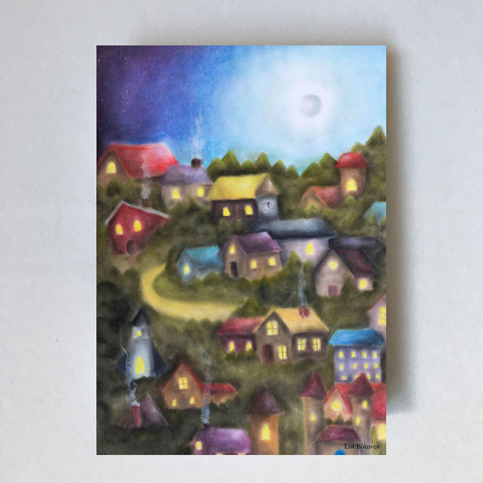 Lot Bouwes postcard featuring a scene of a town at night with glowing yellow windows, smoke from chimneys, a large soft moon.