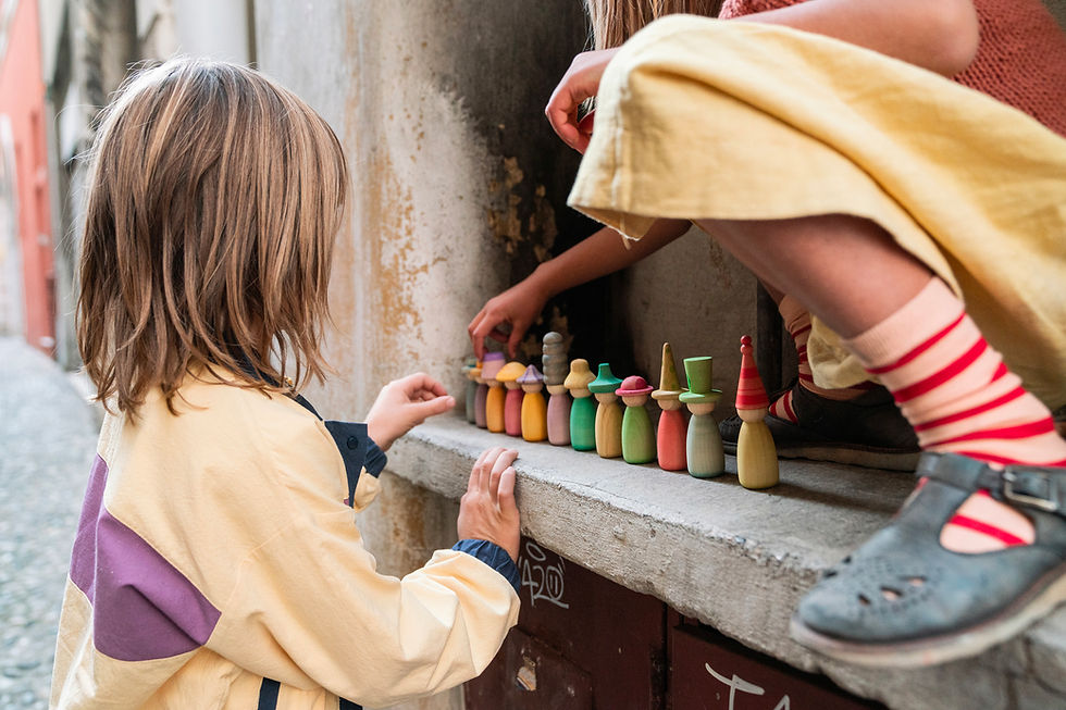 Thumbnail: Grapat Fancy Nins Twelwe Rainbow Wooden Peg Dolls with Hats