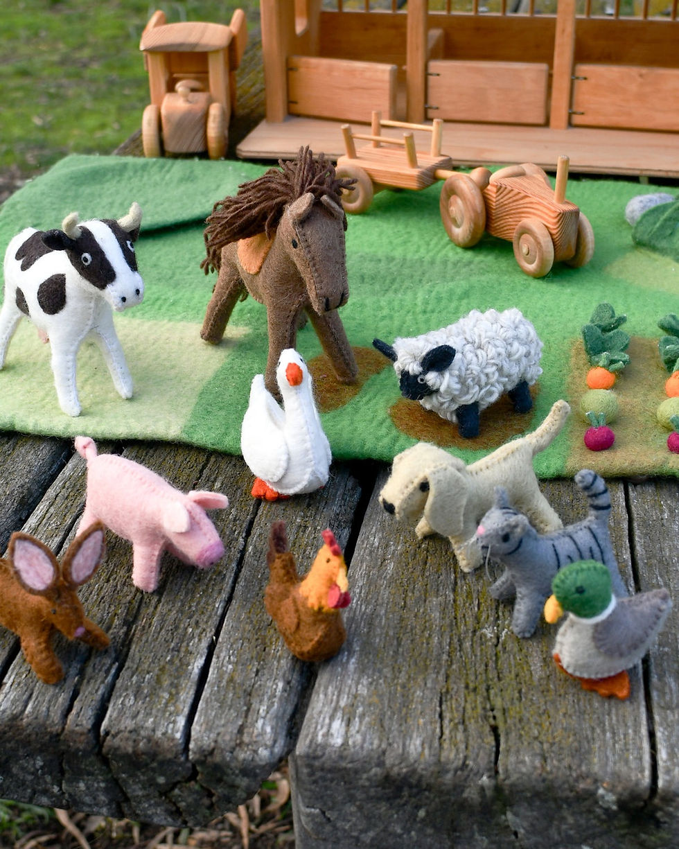Thumbnail: Tara Treasures Felt Farm Animals Set on a felt farm play mat