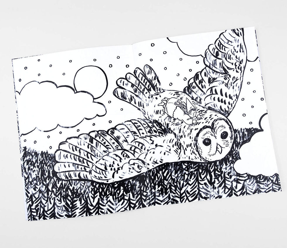 Thumbnail: Little Witch Hazel riding on a large owl flying over a forest at night in black and white illustration