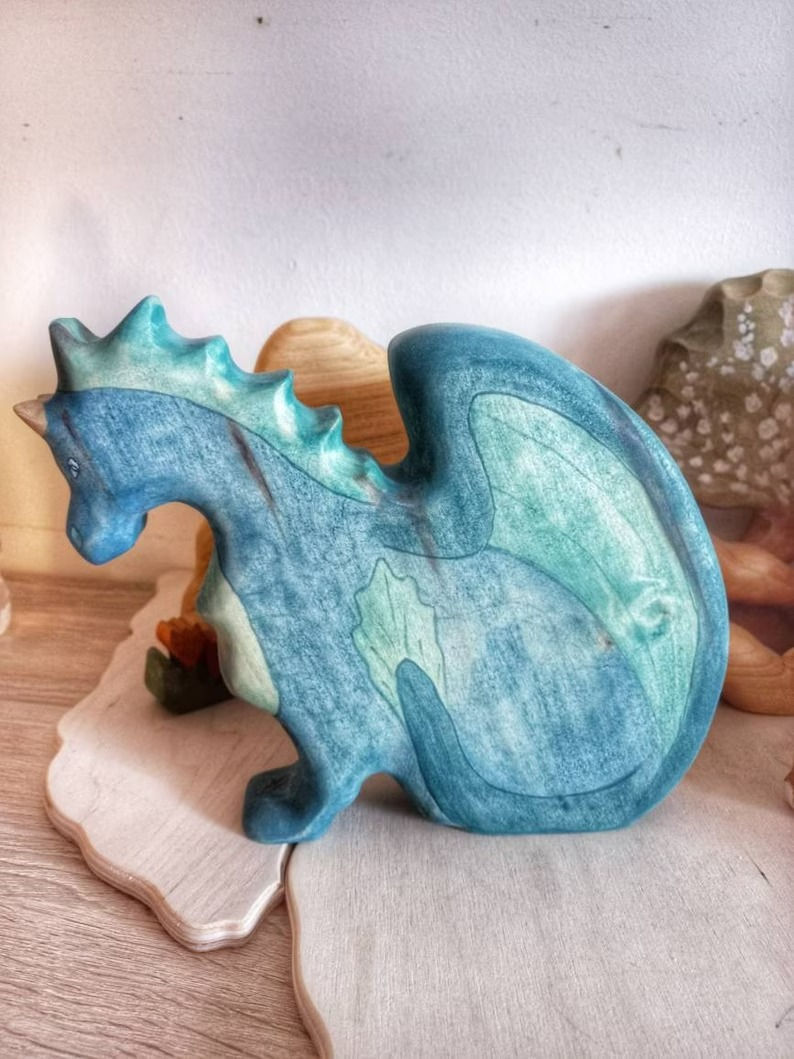 Handmade Wooden Dragon Figurine Toy-Blue