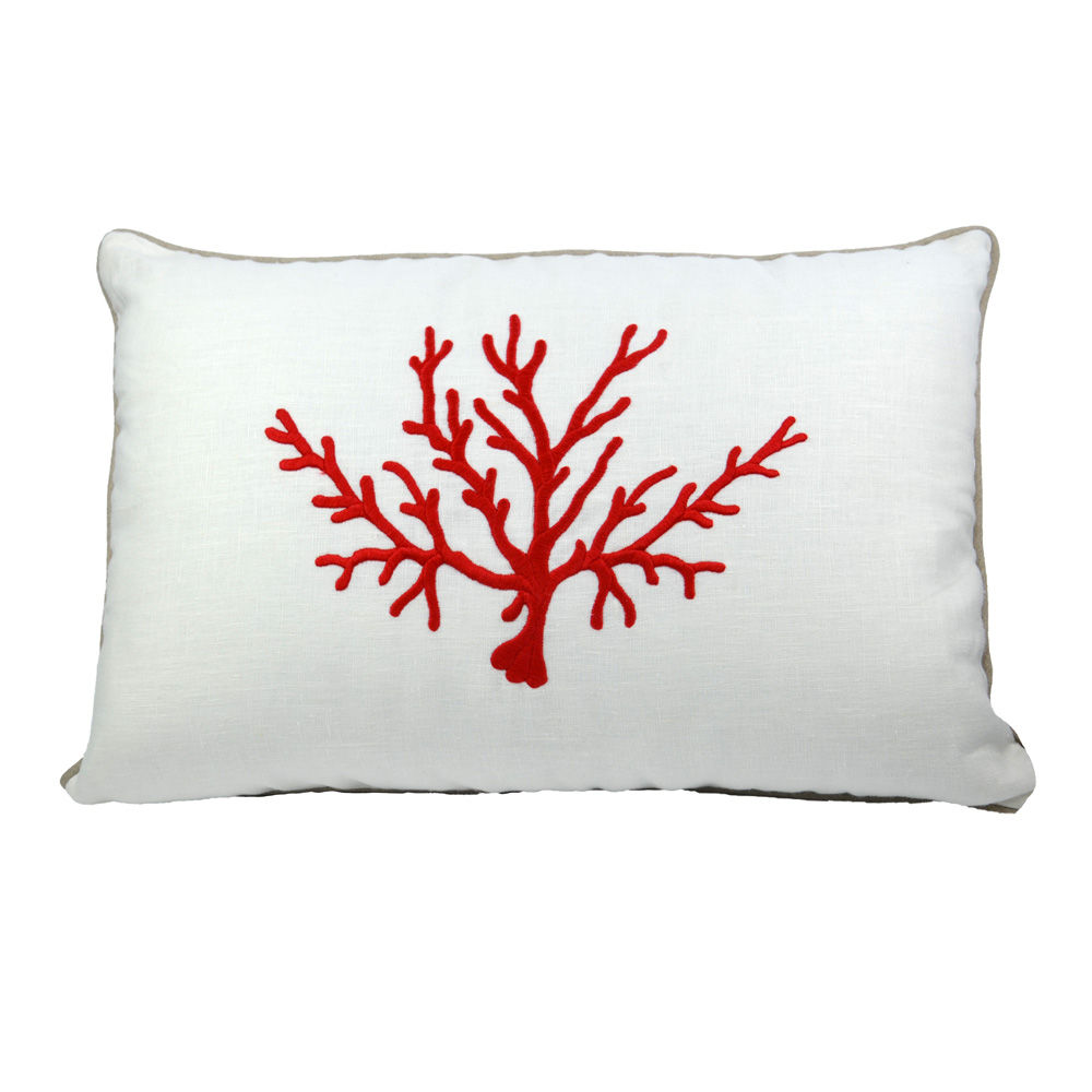 Cuscino in lino con ricamo manuale corallo rosso