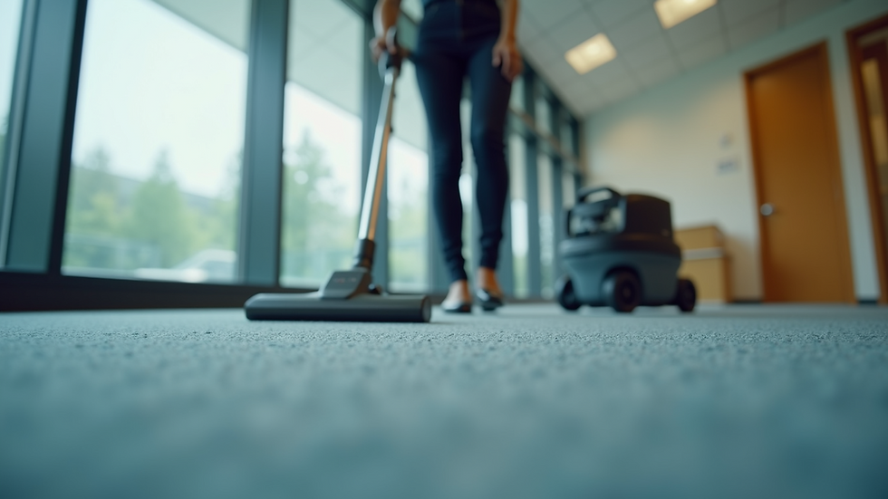 Eye-level view of a professional cleaner vacuuming an office carpet
