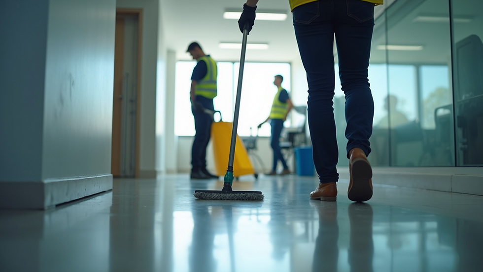 Eye-level view of a commercial cleaning team working in an office space