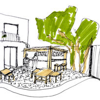 Hand-drawn sketch of an outdoor garden with a pergola, seating area, trees, and plants, creating a serene and inviting space for gatherings.