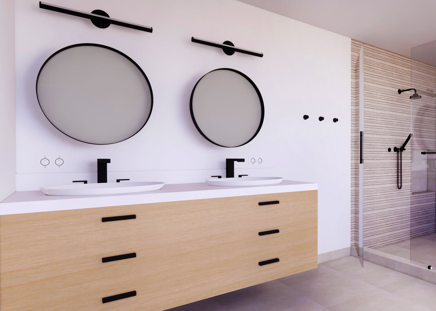 Modern master bath mirror with a clean, elegant design, enhancing the luxurious and serene atmosphere of the bathroom.