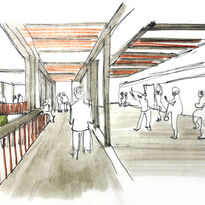 Hand-drawn sketch of an open space with a covered roof, beams, and people engaged in various activities, creating a lively and dynamic atmosphere.