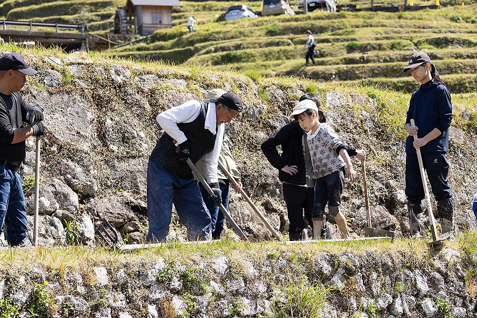 畦塗りのコツを教える丸山千枚田保存会のスタッフ