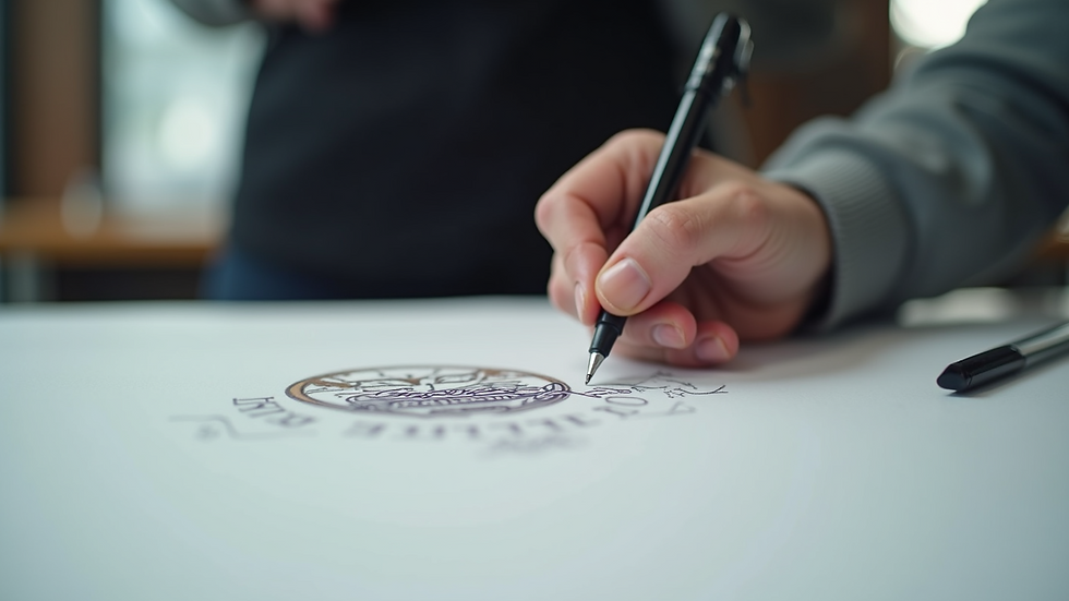 Close-up view of a designer sketching a logo on paper