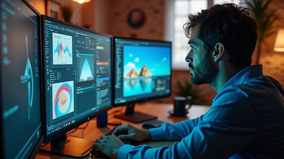 High angle view of a digital workspace with multiple screens showing design projects