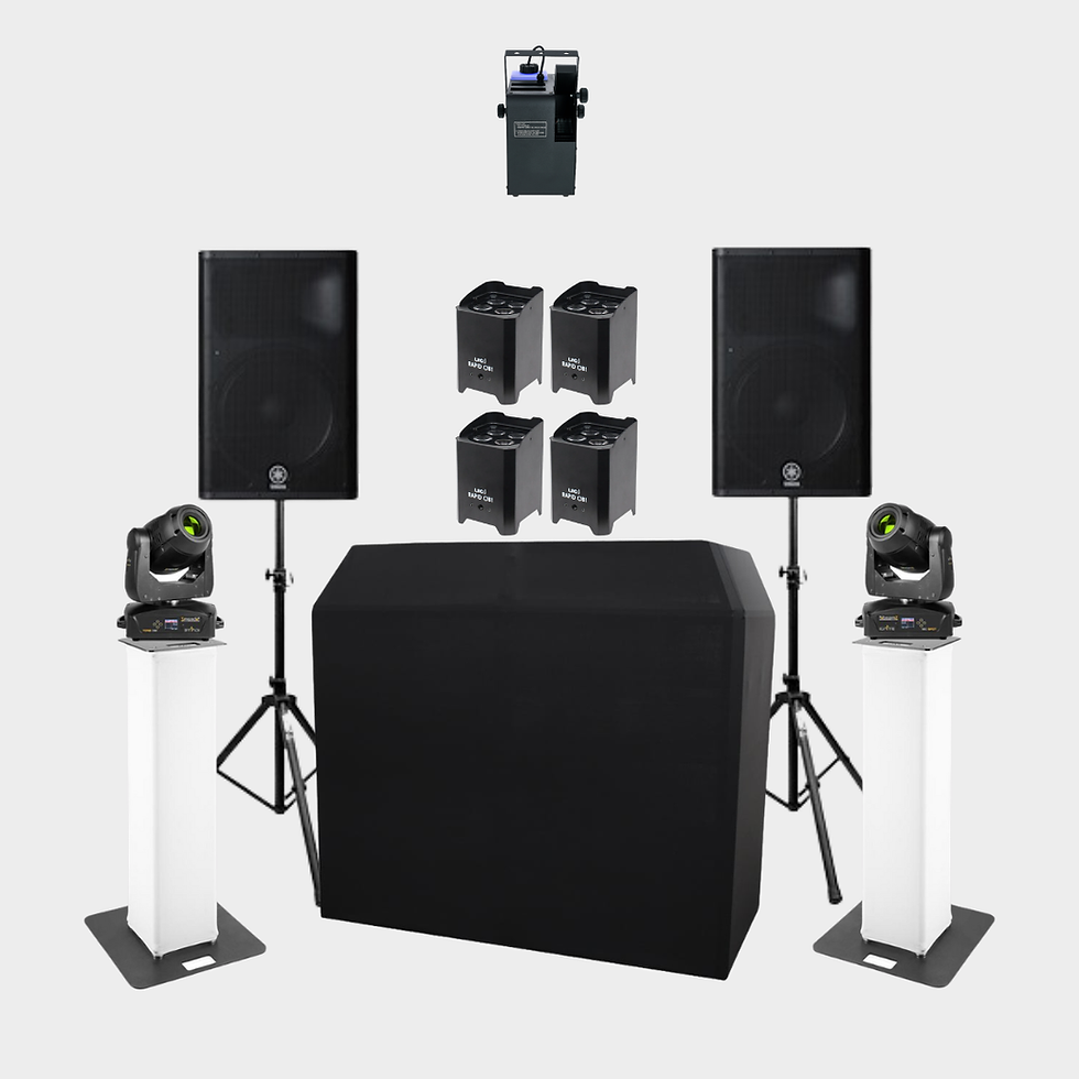 Speaker Package 12 with DJ booth, speakers, and lighting