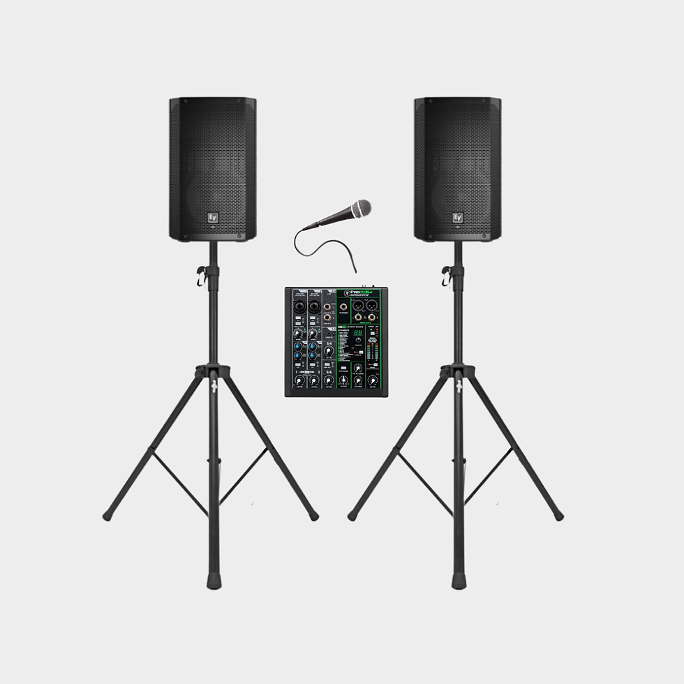 2 Active 12" Speakers with stands, mixer and wired microphone for hire - £80 + VAT (includes delivery, setup and collection)