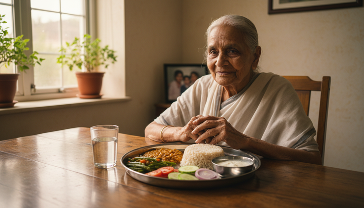 Eye-level view of an elderly person eating a balanced Indian meal at home