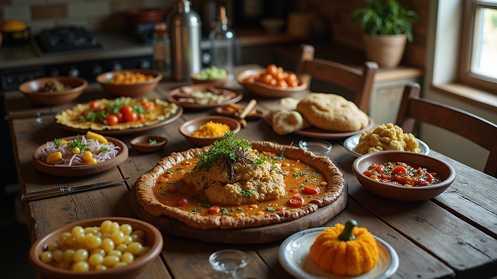 High angle view of a rustic kitchen table with traditional Colombian dishes